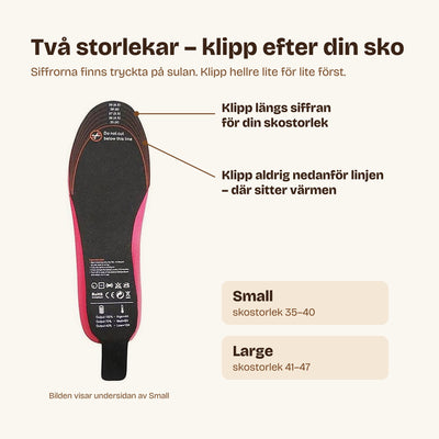 Värmesula med tryckta klipplinjer och storlekssiffror, Small 35–40 och Large 41–47