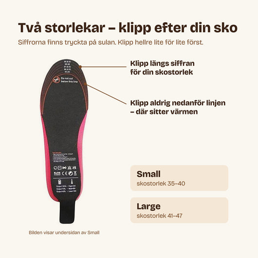 Värmesula med tryckta klipplinjer och storlekssiffror, Small 35–40 och Large 41–47