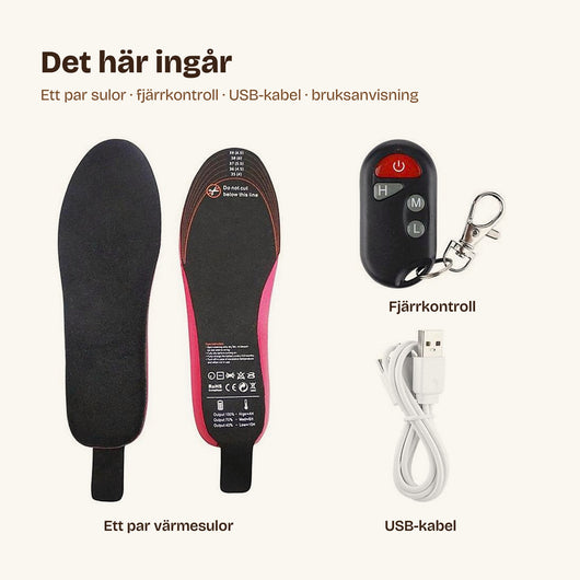 Det här ingår: ett par värmesulor, fjärrkontroll och USB-kabel